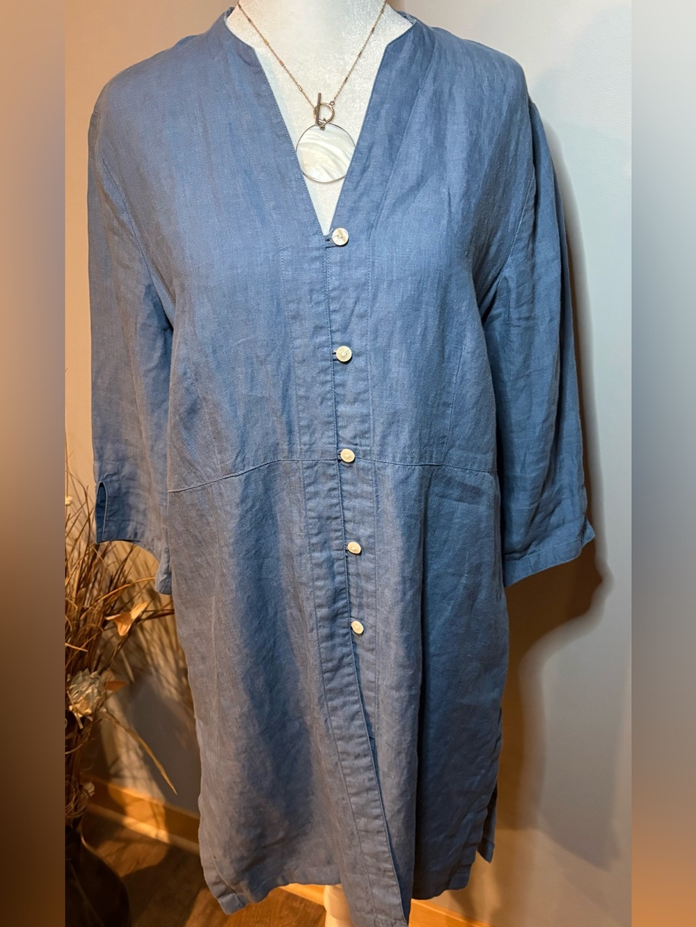 Coldwater Creek 100% Linen Blue Button Front Dress PM